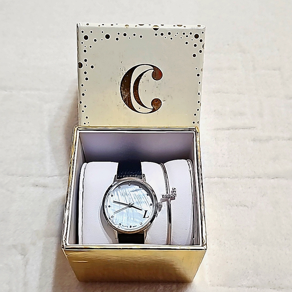 MOP Goldtone Leather Watch Bangle Set